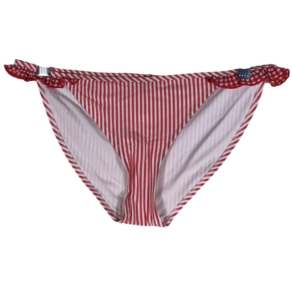 Aerie Seersucker Ruffle Bikini Bottom Swim Size Small Red White Stripes NWT - Picture 3 of 6